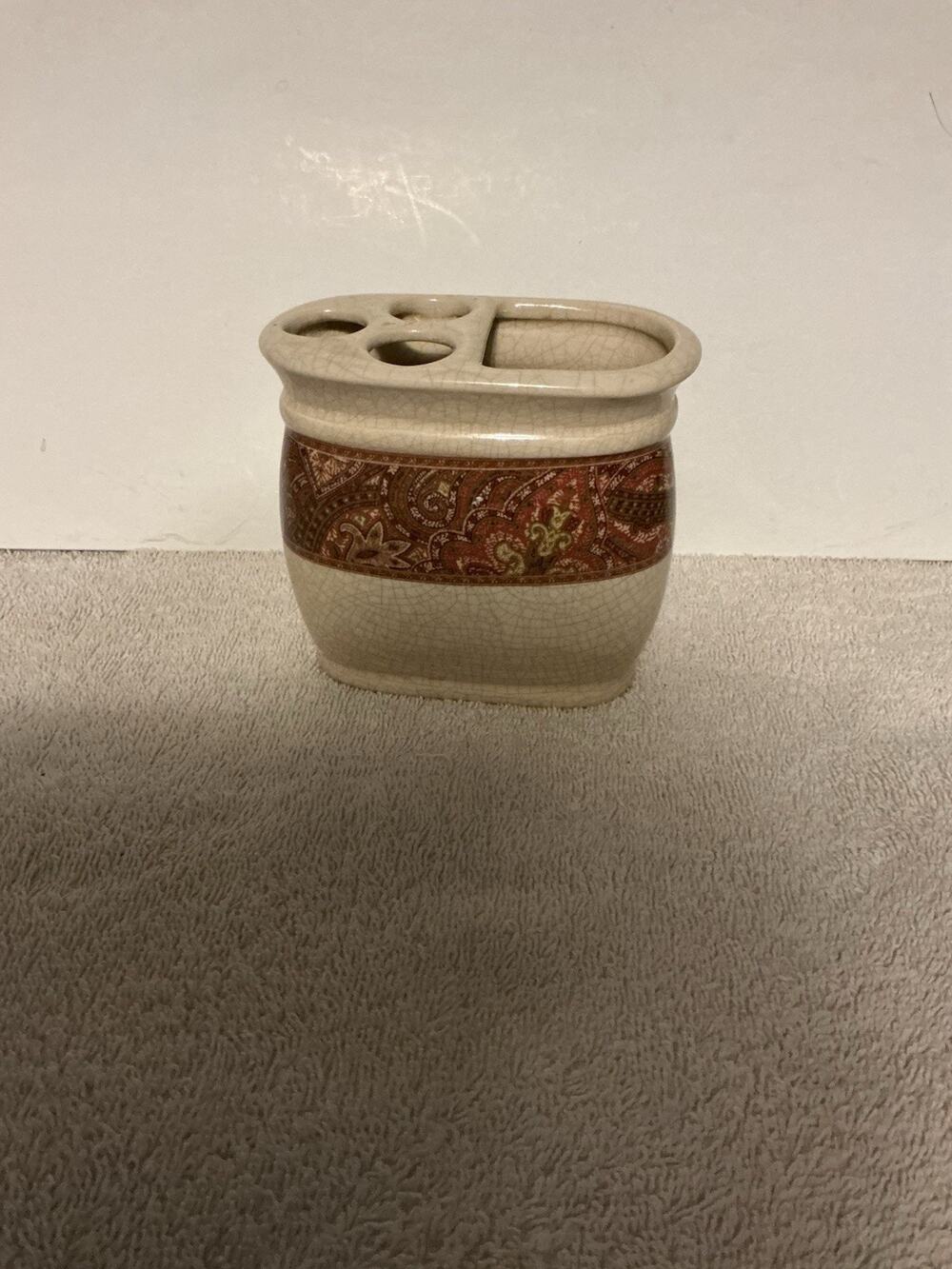 Vintage Spring Maid Ceramic Toothbrush Holder Crackle Glaze Paisley Boho Bath